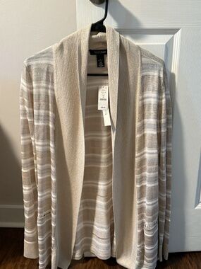 NWT White House Black Market Stripe Drape Cardigan Pearl Dust M
